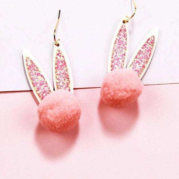 Pink Glitter Pom Pom Bunny Ear Earrings - Picture 11 of 11